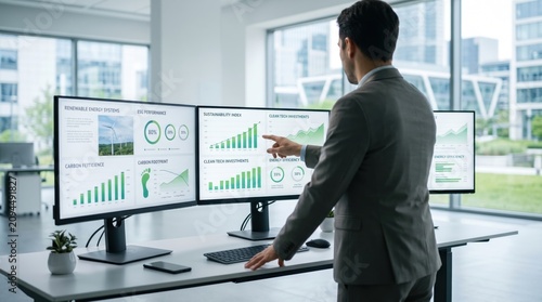 Businessman pointing at sustainability index and carbon footprint charts on dual monitor setup for corporate environmental strategy analysis.