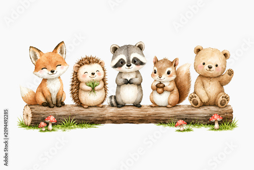 Cute Woodland Animals Sitting on a Log with Mushrooms Watercolor Illustration