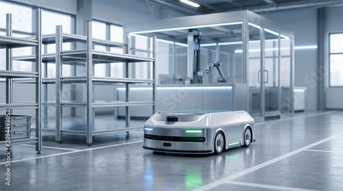 Autonomous mobile robot navigating modern warehouse facility, automated logistics and smart manufacturing technology with AGV transporting goods in industrial storage center