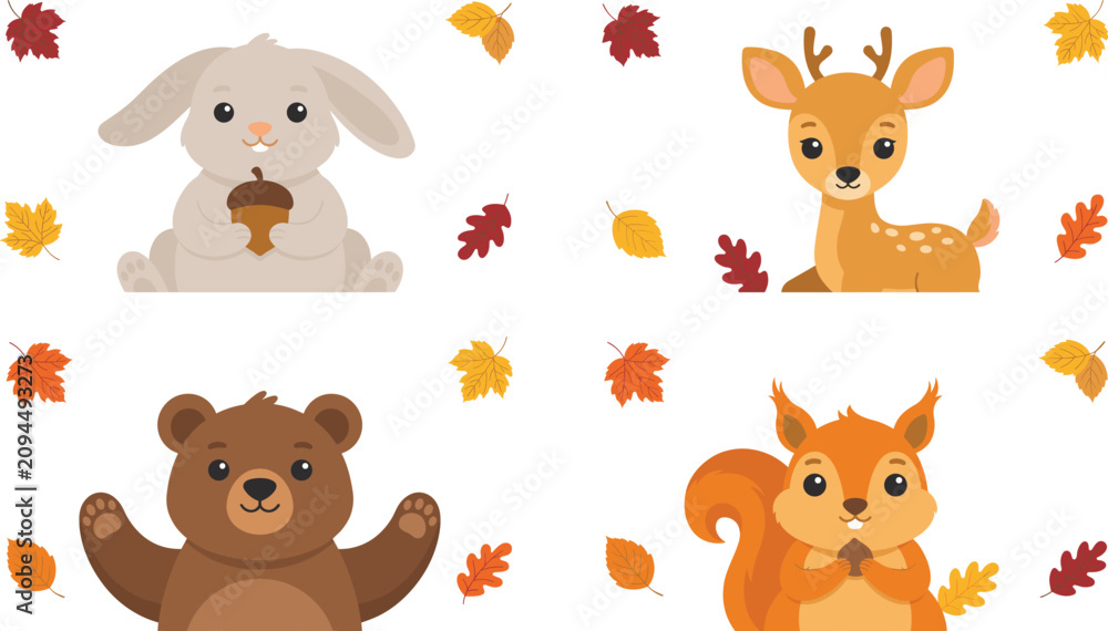 Naklejka premium Cute Autumn Woodland Animals Vector Set Featuring Cartoon Illustrations of Bunny holding Acorn, Fawn Deer, Waving Brown Bear, and Squirrel with Nut
