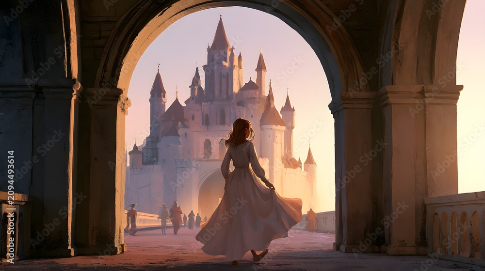 Obraz premium Auburn haired woman walks toward a medieval castle bathed in sunrise serene beauty watercolor illustration