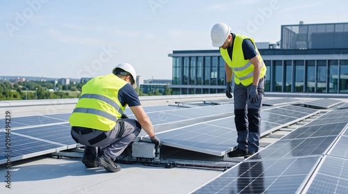Two professional construction workers in safety vests installing photovoltaic solar panels on a commercial building rooftop under a clear blue sky for renewable energy