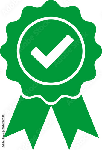 Green circular badge with a check mark symbol and ribbons
