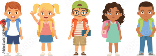 Diverse Back to School Kids Vector Set Featuring Cute Diverse Children Characters Standing and Wearing Backpacks with Apple and Book