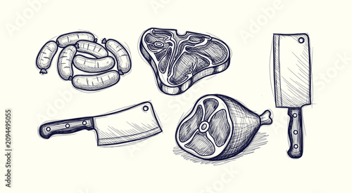 Photos Hand drawn butchery set with meat products and cleaver knives