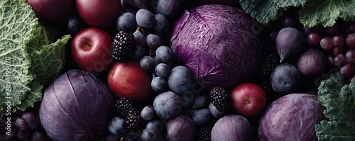 A vibrant macro panorama of purple fruits and vegetables in rich violet and magenta tones. Cabbage, grapes, plums, figs, and blackberries create a premium food scene.