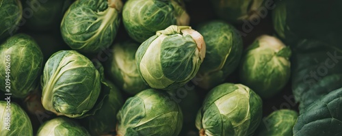 A panoramic close-up of densely packed brussels sprouts with rich green tones. The detailed leaf texture and soft lighting emphasize freshness and organic quality.