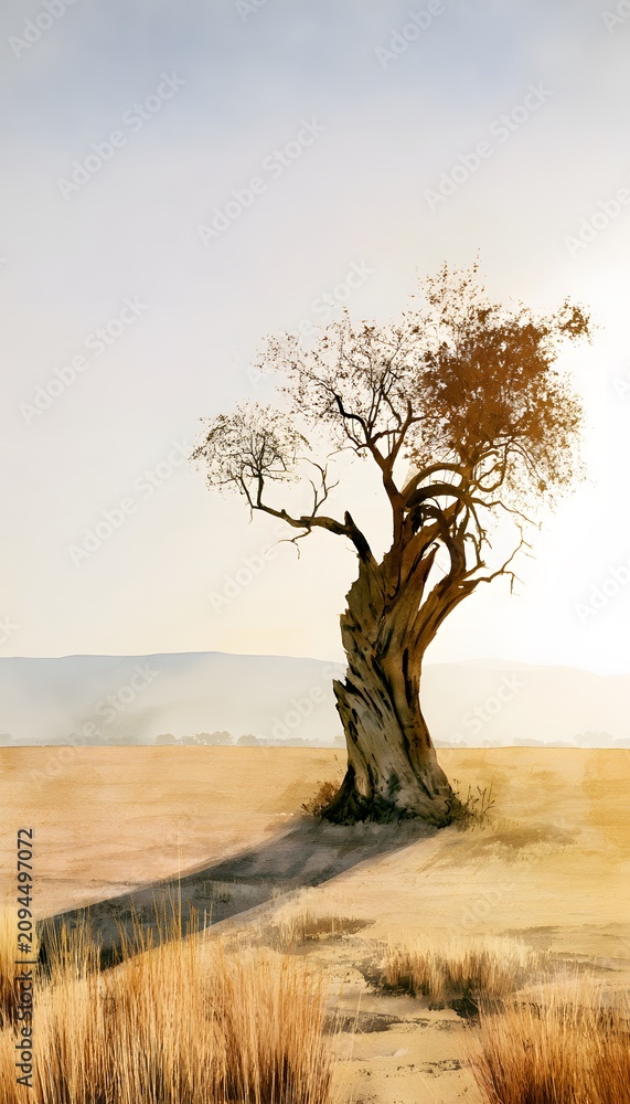 Naklejka premium Ancient Tree Stands Resilient Amidst Golden Grasslands Serene Landscape Stock Illustration