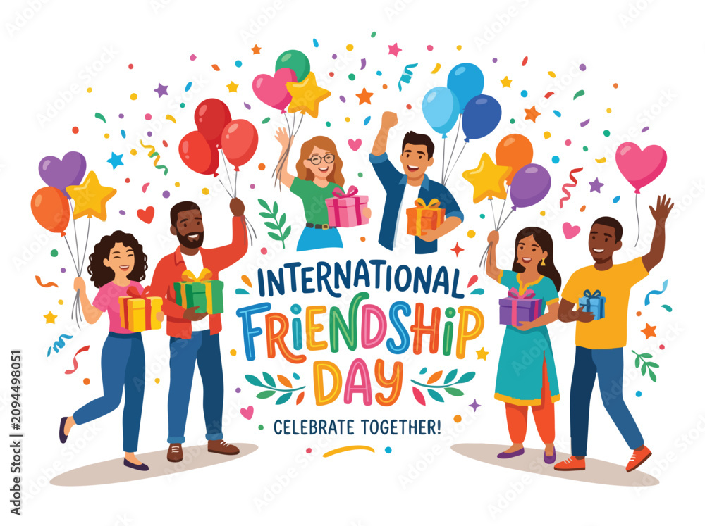 Fototapeta premium Diverse group of friends celebrating International Friendship Day with gifts and colorful decorations