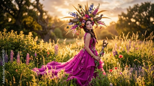 Ethereal fantasy woman in magenta gown, floral goddess with elaborate flower crown in golden hour meadow, majestic spring queen portrait