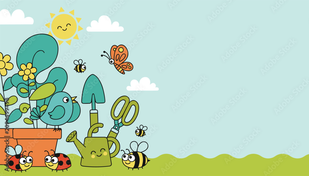 Fototapeta premium Friendly garden scene illustration featuring potted flowers, a cute blue bird, gardening tools, and insects like bees and butterflies.