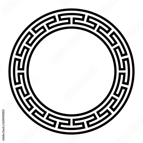 Stretched meander pattern, circle frame and decorative border. Loop-like Greek key pattern made of continuous lines, shaped into a seamless motif. Isolated, black and white illustration. Vector