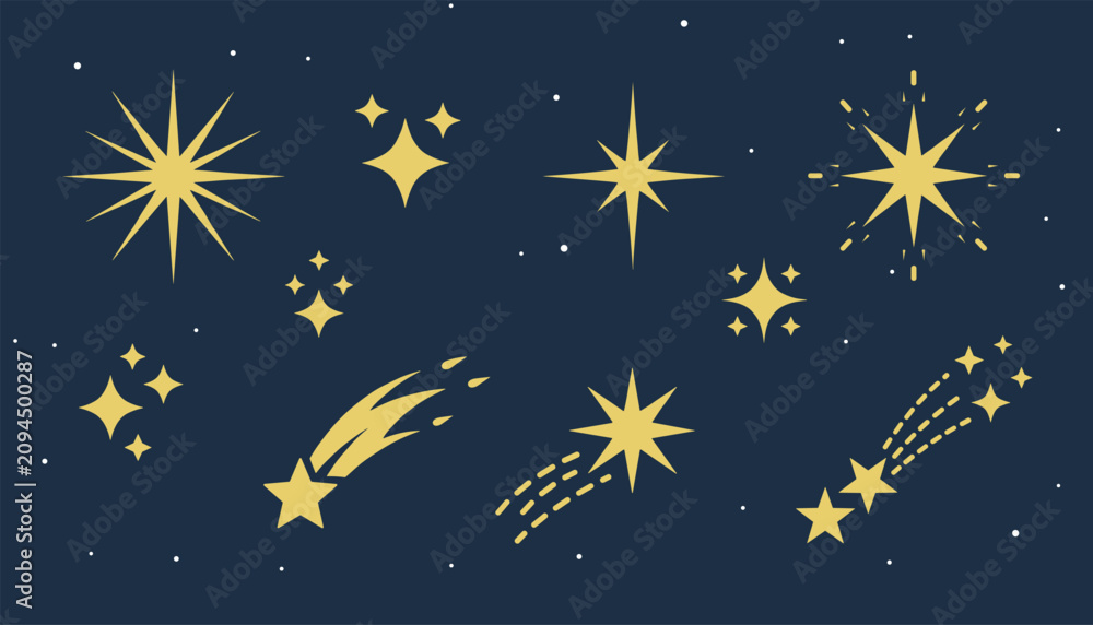 Naklejka premium Set of golden star and shooting star icons designed in a celestial style on a dark blue background representing night sky and space.