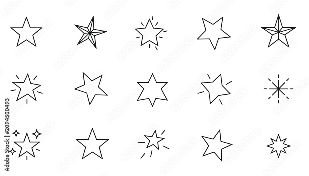 Fototapeta premium Collection of various star shapes and styles including outline, dotted, and shining star icons for decorative and design purposes.