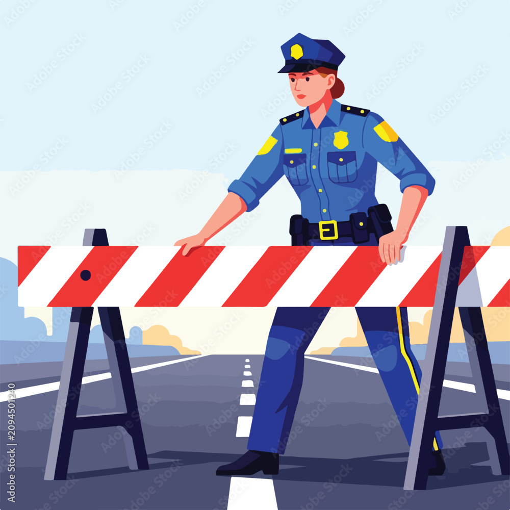 Fototapeta premium Officer at road barrier, directing traffic on highway at dusk