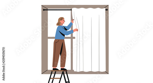 Person on stepladder adjusting curtains in window