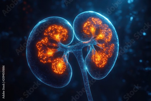 translucent pair of human kidneys with glowing orange nephrons and branching vessels connected by a ureter, ethereal high-tech biomedical visualization conveying wonder and precision