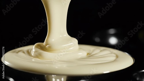 Thick White Cream Poured into a Black Bowl on a Dark Background
