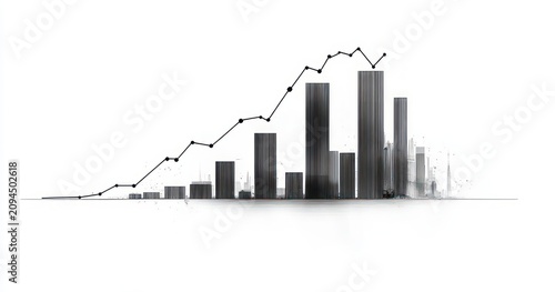 monochrome city skyline formed by rising bar chart columns with an upward line graph evoking growth and confident progress