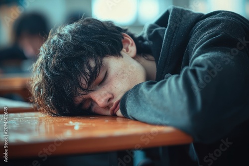 young person sleeping with head on wooden desk in classroom wearing dark hoodie, appearing exhausted and disengaged