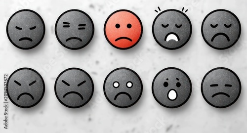 row of round sad face icons on a light marble background with one red unhappy icon among gray faces showing varied sad and surprised expressions conveying isolation and melancholy