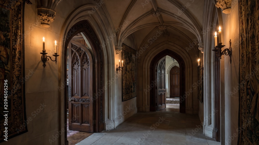 Obraz premium Perspective view of a Gothic revival stone corridor with open arched wooden doors, vaulted ceilings, and warm wall lighting