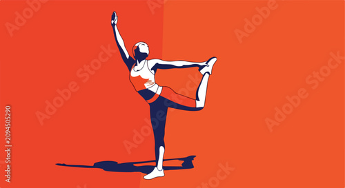 Person practicing yoga balance pose on a colored background with shadow