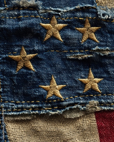 frayed denim patch with embroidered gold stars, coarse burlap backing and vertical red stripe, rustic handmade textile detail evoking nostalgic weathered charm