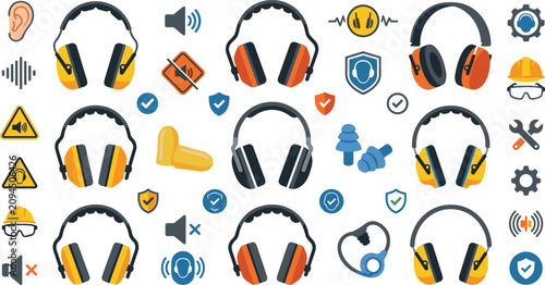 Canvas Print Hearing protection personal protective equipment vector set featuring safety ear