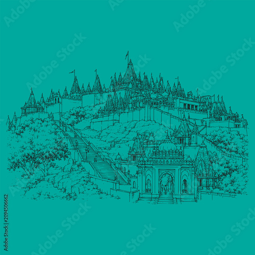 фотографія Palitana Temples Hand Drawn Line Art Sketch, Jain Temple Complex Architecture, A