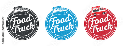 Foto Food Truck Illustration With Starburst Frame In Three Color Variations vehicle