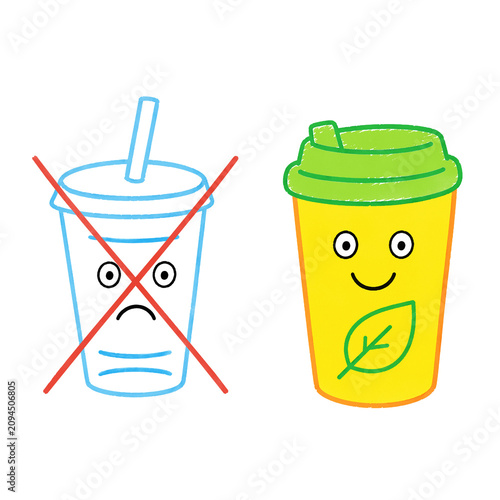 Illustration comparing harmful single-use plastic with a useful eco-friendly cup, isolated on a transparent background