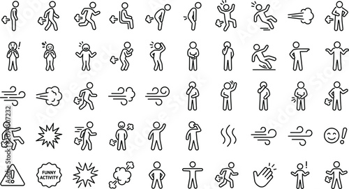 Konstfotografi Funny stick figure farting and flatulence line icons vector set featuring smelly