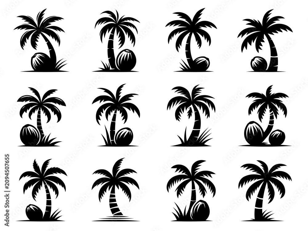 Fototapeta premium Palm Tree Silhouette Icon Set with Coconuts, Tropical Beach Vector Collection