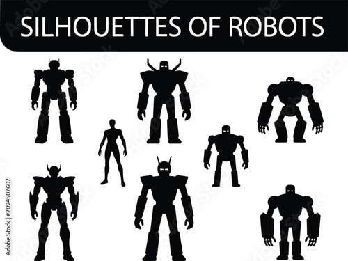 Robot Silhouette Icon Set Featuring Humanoid Mechs, Android Characters, Futuristic Robotics, and AI Technology Vector Collection