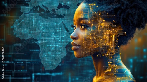 Glowing circuit female profile with textured afro beside an illuminated electronic map of Africa and a blurred rectangular overlay, evoking futuristic innovation and hopeful progress