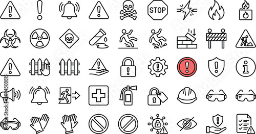 Tableau sur toile Industrial hazard warning and workplace safety line icons vector set featuring d