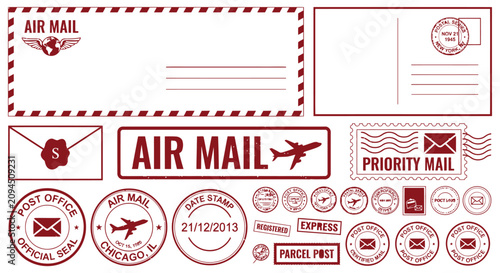 Canvastavla Postal Seals And Envelopes A Collection Of Red Vector Illustrations mail