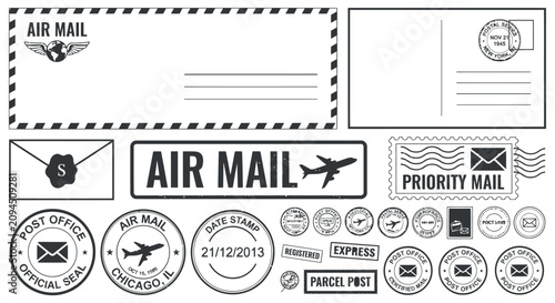 Fotografía Collection of postal markings and airmail emblems in a vector illustration style