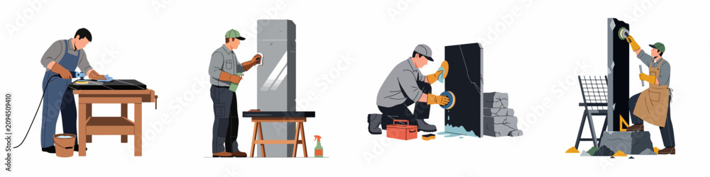 Εκτύπωση καμβά Flat Vector Illustration Set of Professional Workers Polishing and Finishing Sto