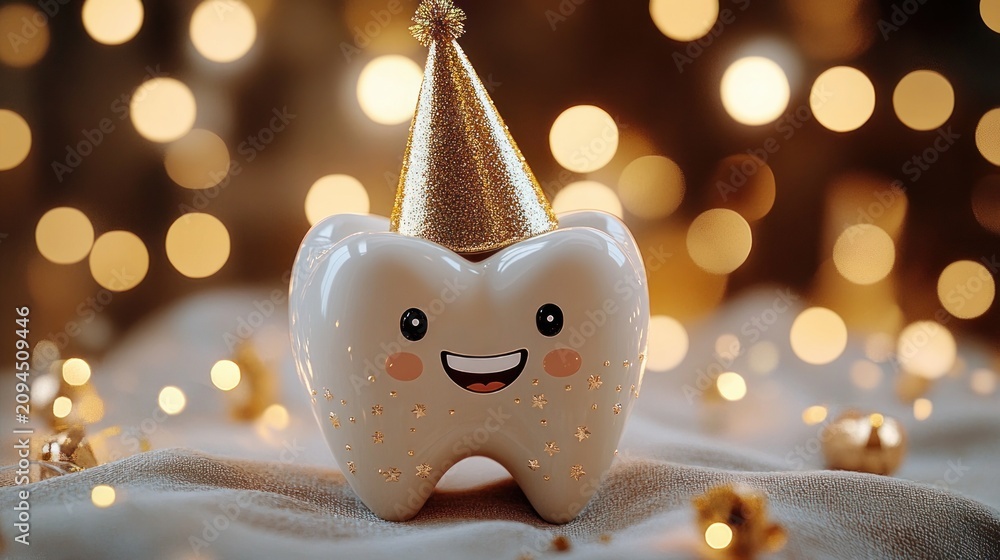 Obraz premium smiling glossy tooth figurine wearing a gold glitter party hat with rosy cheeks and star decorations amid warm bokeh lights, festive joyful mood