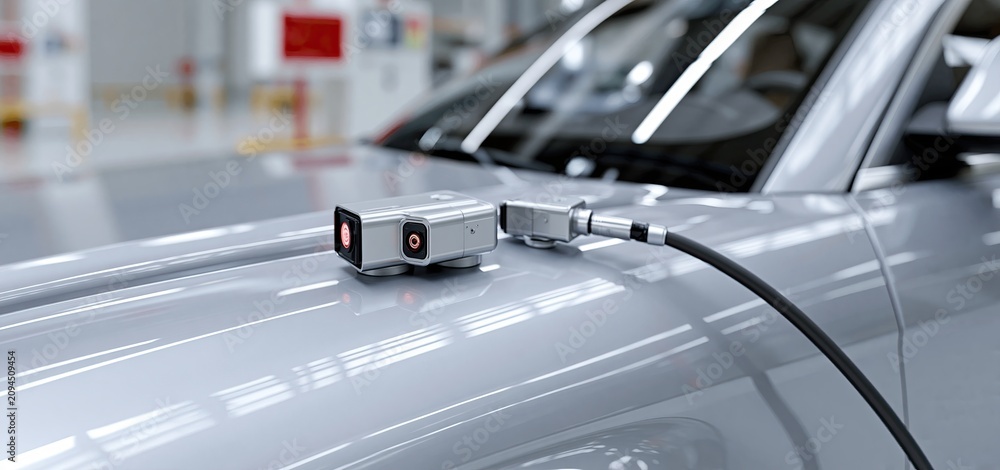 Fototapeta premium Advanced sensors inspecting vehicle paint quality with AI technology in a clean, modern automotive production setting.