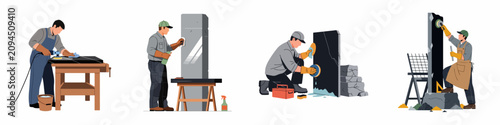 Εκτύπωση καμβά Flat Vector Illustration Set of Professional Workers Polishing and Finishing Sto