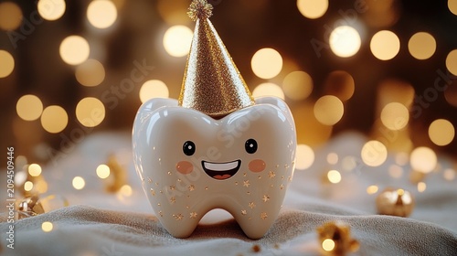 smiling glossy tooth figurine wearing a gold glitter party hat with rosy cheeks and star decorations amid warm bokeh lights, festive joyful mood