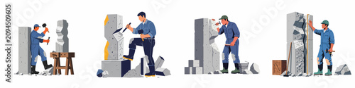 Obraz na plátně Set of illustrations showing male stonemasons carving, shaping, and measuring large stone blocks with traditional hand tools on a white background