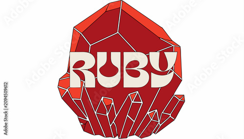 Fotografía Very beautiful realistic vector illustration of a raw ruby crystal featuring deep red gemstone texture and a bold label reading RUBY, isolated on white background