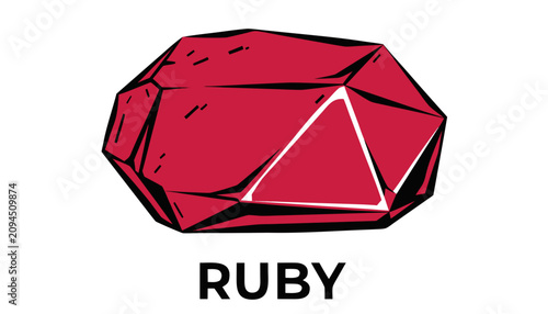 Cuadro en lienzo Very beautiful realistic vector illustration of a raw ruby crystal featuring deep red gemstone texture and a bold label reading RUBY, isolated on white background