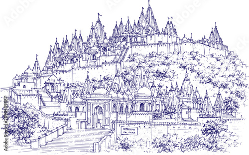 Принти на полотні Palitana Temples Hand Drawn Line Art Sketch, Jain Temple Complex Architecture, A