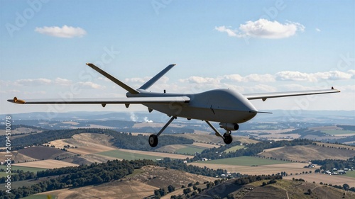 Fixed Wing Recon Drone Soaring High Over Hills at Noon
