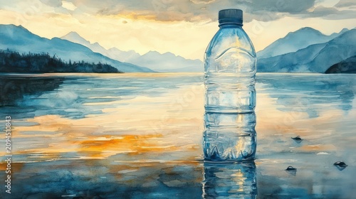 Lonely plastic bottle standing on a calm mountain lake at golden sunset, reflected on still water with distant forested peaks and a soft clouded sky, serene and melancholic